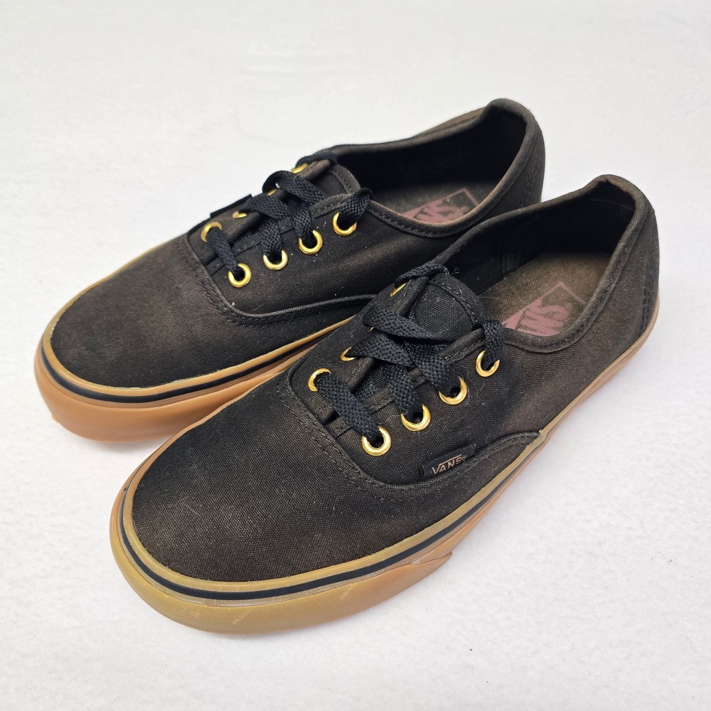 Vans‎ Authentic Black Canvas Gum Sole Gold Eyelet Sneakers Mens 5.5 Womens 7